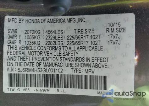 2016 Honda Cr-V Ex z USA, uszkodzony, nr VIN 5J6RM4H53GL001102